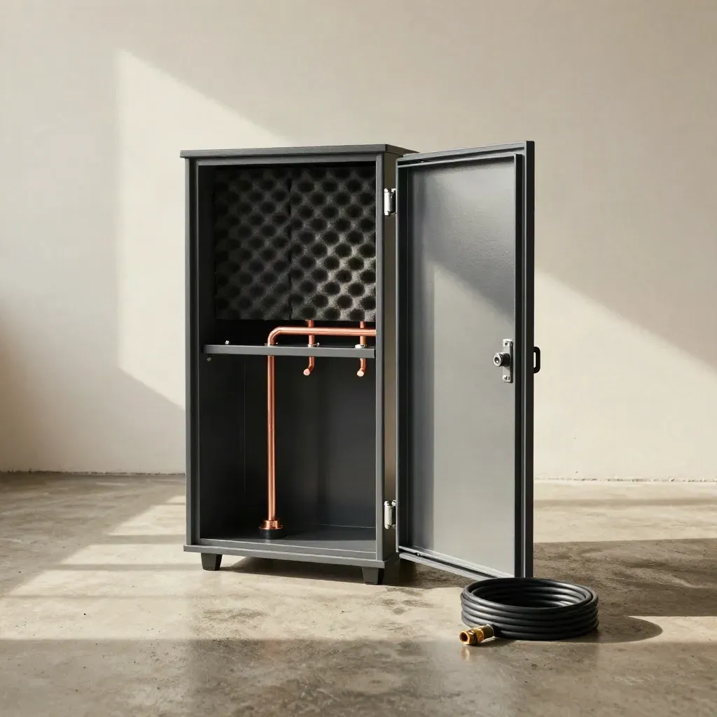Open lithium battery cabinet with copper busbars and accessories in a bright workshop