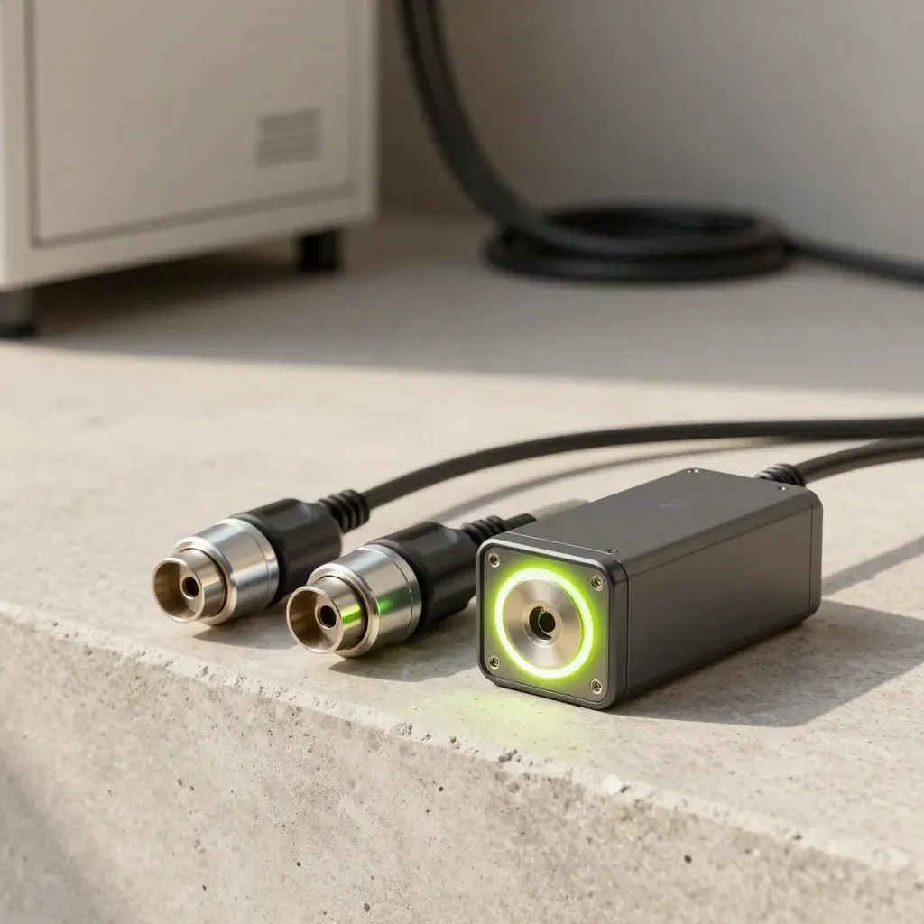 Battery charger heads and a lithium pack with lime status ring on a stone ledge
