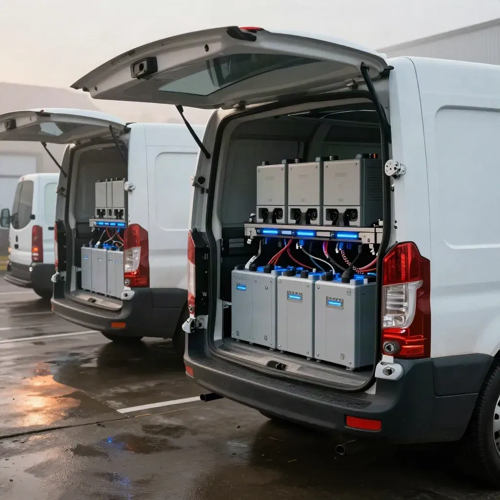 Three white trade vans in a misty depot, each fitted with a lithium battery upgrade and charge point.