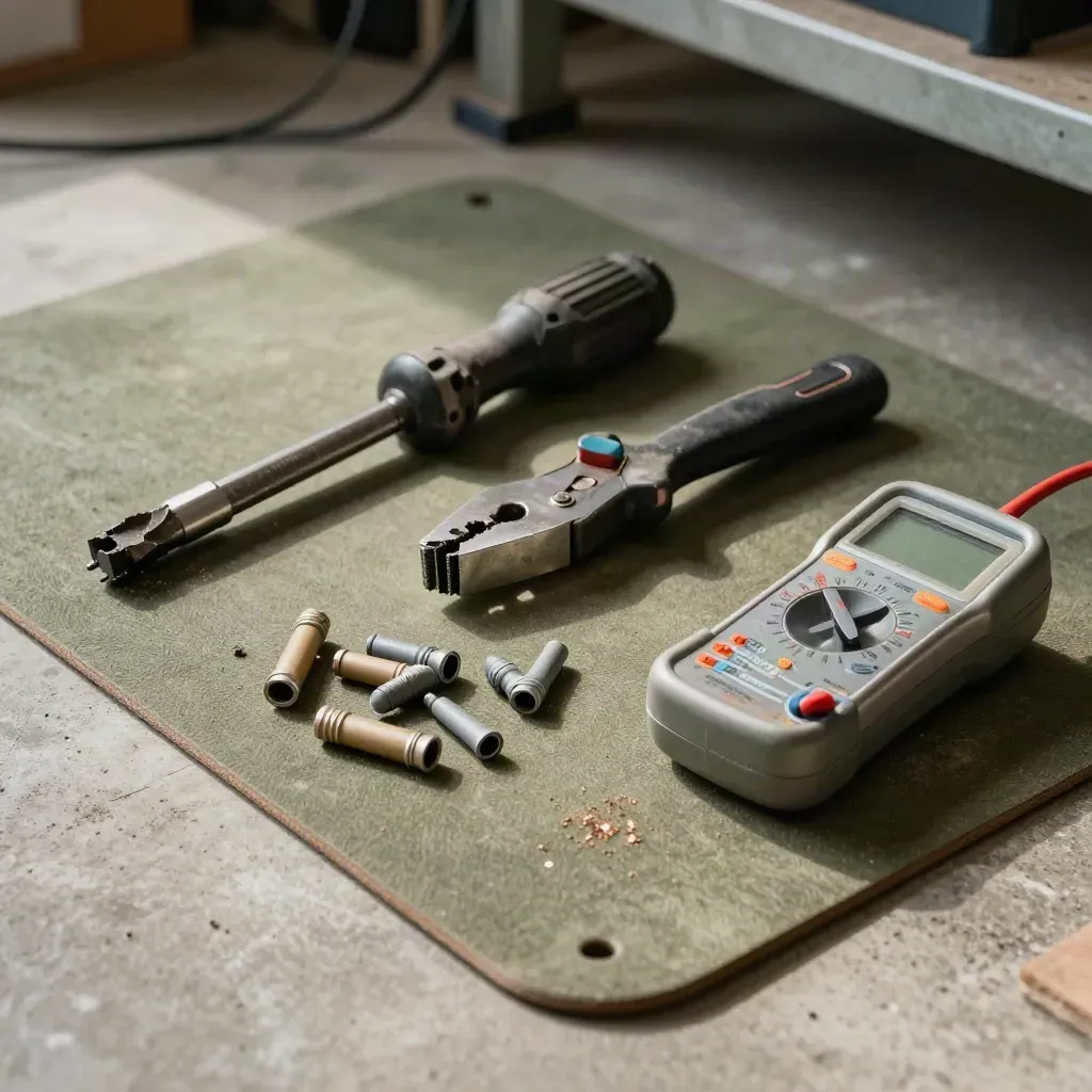 Tools for a lithium battery install laid out on a scuffed mat in workshop light.