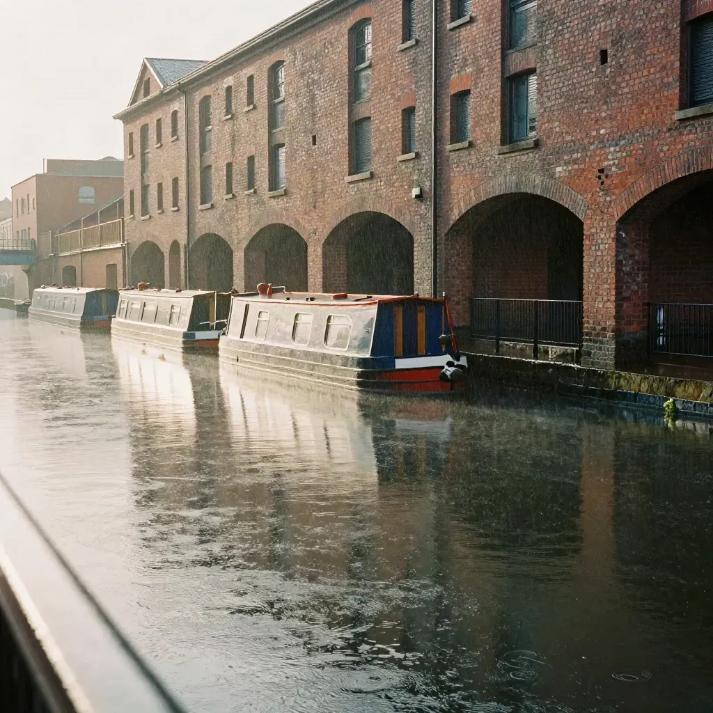 Rain-hazed Birmingham canal basin with red-brick warehouses and bridge arches reflected in calm water.