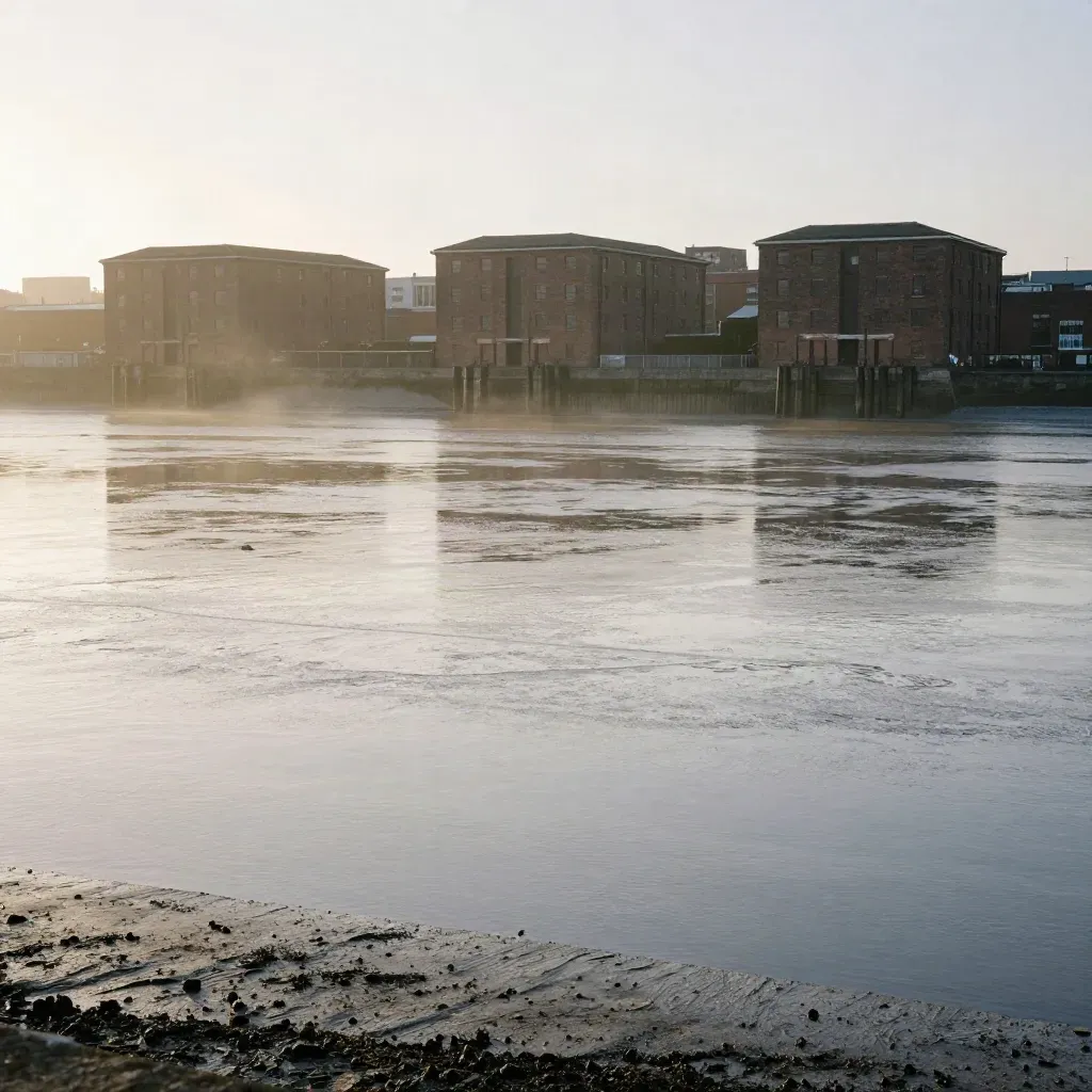 Early dawn Liverpool waterfront with tidal flats, haze, and calm open water for copy.